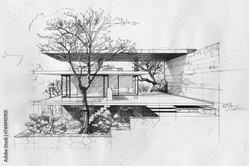 Illustration of architecture hospitality commercial project. AI Generative sketch of hotel in exterior front view perspective of residential villa area.