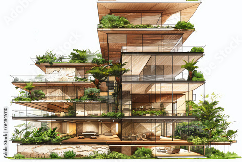 Illustration of architecture hospitality commercial project. AI Generative sketch of hotel in exterior front view perspective of residential villa area.