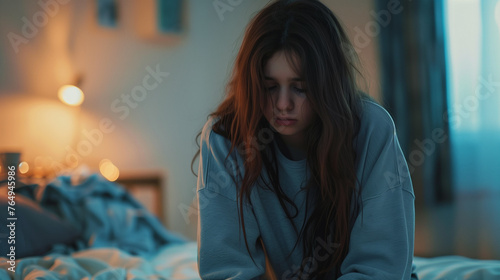 Sadly depressed teenager girl sitting head down alone in her bedroom. photo