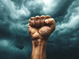 the clenched fist of a person raised against a stormy sky, a sign of resistance, strength, and empowerment