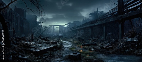 A depiction of a dark city with a flowing stream running through it during the night time