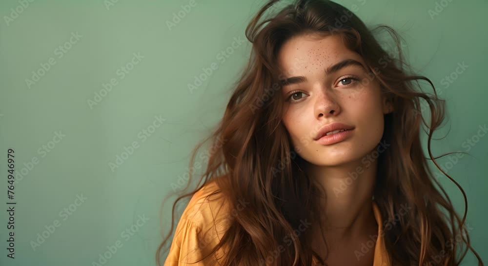 Elegant Woman Showcases Lived-In Waves Hairstyle in Softly Lit Studio Setting Elegant Woman Showcases Lived-In Waves Hairstyle in Softly Lit Studio Setting