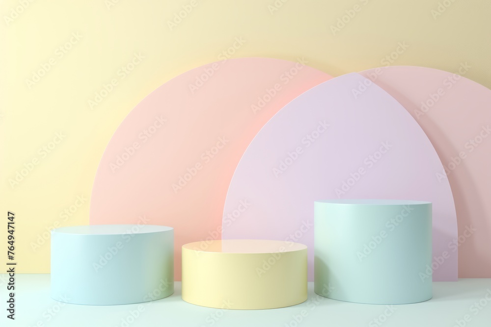Realistic 3D cylinder pedestals with abstract geometric design. Modern podium set. Realistic 3D cylinder pedestals with abstract geometric design. Modern podium set.
