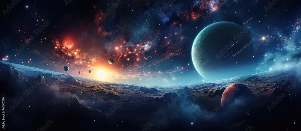 A depiction of the planets seen from outer space with a background filled with stars and celestial bodies