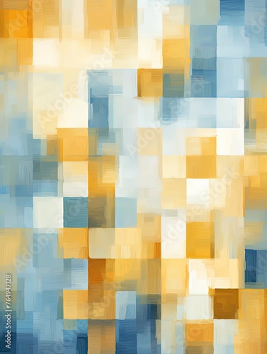 gold and blue squares on the background, in the style of soft, blended brushstrokes