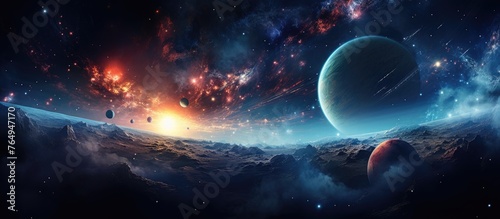 A depiction of the planets seen from outer space with a background filled with stars and celestial bodies
