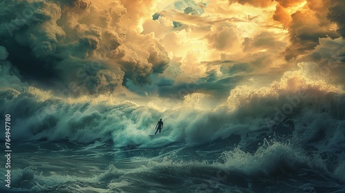Solitary Surfer Conquering the Elements Bold Adventure in the Midst of Nature's Fury photo