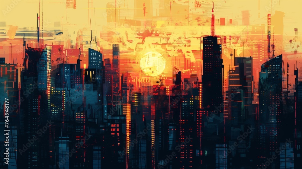 Futuristic Cityscape with Abstract Digital Disintegration Effect