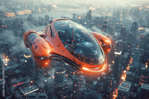 Flying electric car navigates the urban airspace against the backdrop of a city skyline in the evening, sleek lines and futuristic design