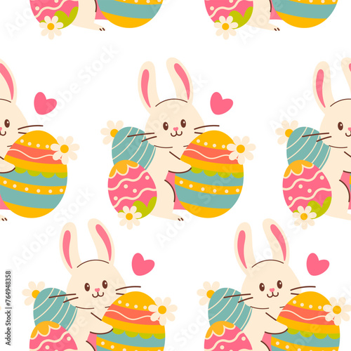 Seamless pattern with rabbits and eggs. Seamless pattern with easter bunny and eggs. Easter seamless pattern, Easter symbol, decorative vector elements. Easter colored simple pattern.