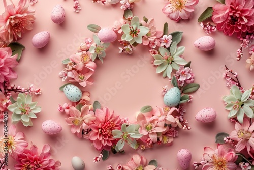 A beautifully crafted wreath featuring Easter eggs and spring flowers creating a sense of rebirth and celebration © Glittering Humanity