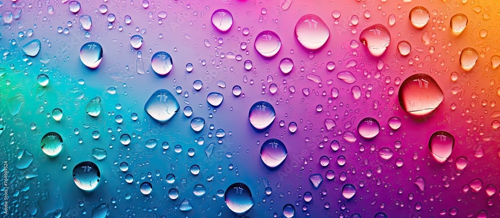A close-up view capturing water droplets resting on a colorful and vivid surface