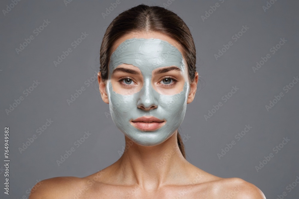Beautiful woman getting facial mask isolated on gray background Beautiful woman getting facial mask isolated on gray background