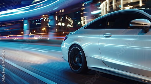 a white car racing on the road, captured with motion blur against the urban skyline, using high-speed photography from a low angle view at night, presenting an ultra-realistic visual style. © lililia