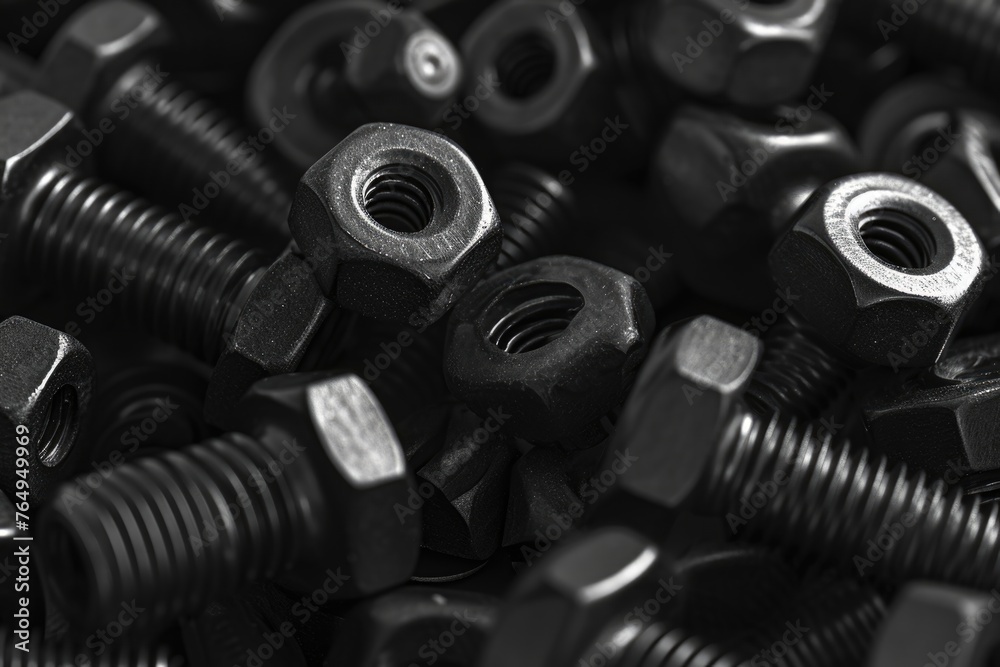Monochrome image bolts washers and nuts close up macro shot for industrial background. Monochrome image bolts washers and nuts close up macro shot for industrial background.