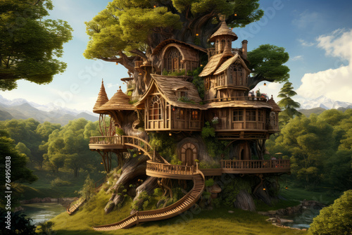 A luxurious wooden treehouse built in the trunk of a huge tree. 