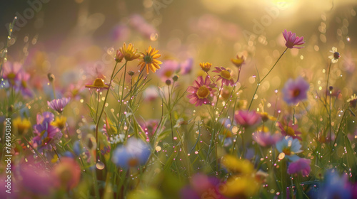A field of wildflowers at dawn, dew on petals, soft morning light, diverse colors and species, wide open landscape