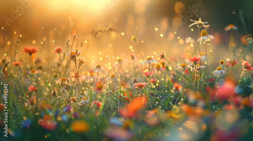A field of wildflowers at dawn, dew on petals, soft morning light, diverse colors and species, wide open landscape, feeling of freedom and freshness, realistic photography © Rassul