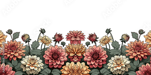 Seamless floral border with colorful dahlias, spring floral garden border design, Vector illustration, generative ai