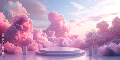 Background podium pink 3d product sky platform display cloud pastel scene render stand. Pink podium stage minimal abstract background beauty dreamy space studio pedestal smoke showcase  photo