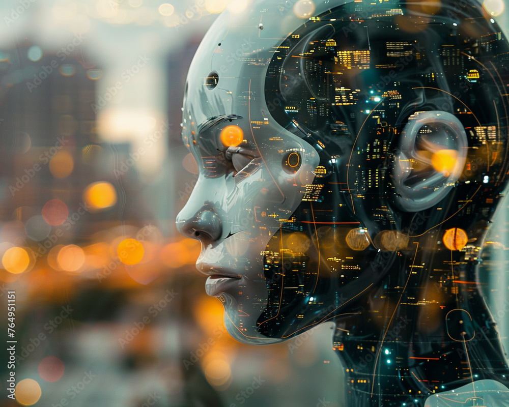 Android, Glass Skin, A humanoid android blending seamlessly with the cityscape, adorned with intricate glass paneling, reflecting the urban chaos around Photography, Golden Hour, Depth of Field Bokeh 