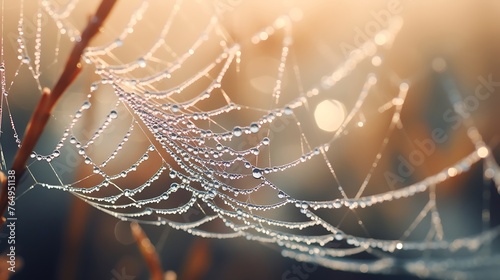 Glistening Jewels: A Captivating Portrait of a Delicate Spider's Web Adorned with Sparkling Water Droplets Against a Serene Background