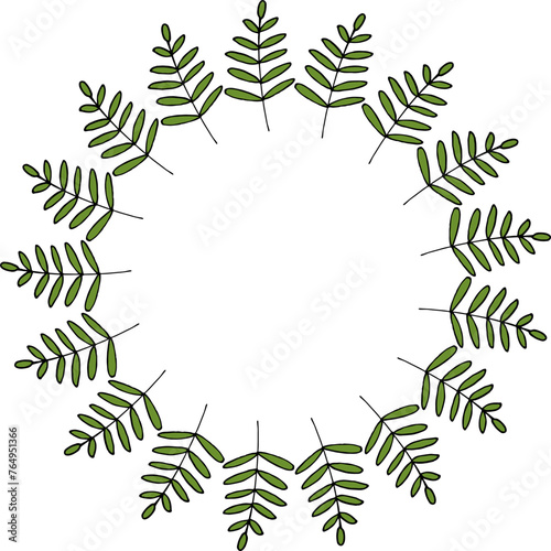 Round frame with wondrous vertical green branches on white background. Vector image.