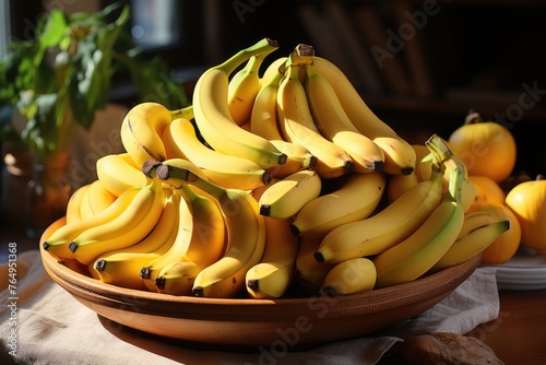 Ripe bananas on a wooden plate, on the marble surface, generative IA