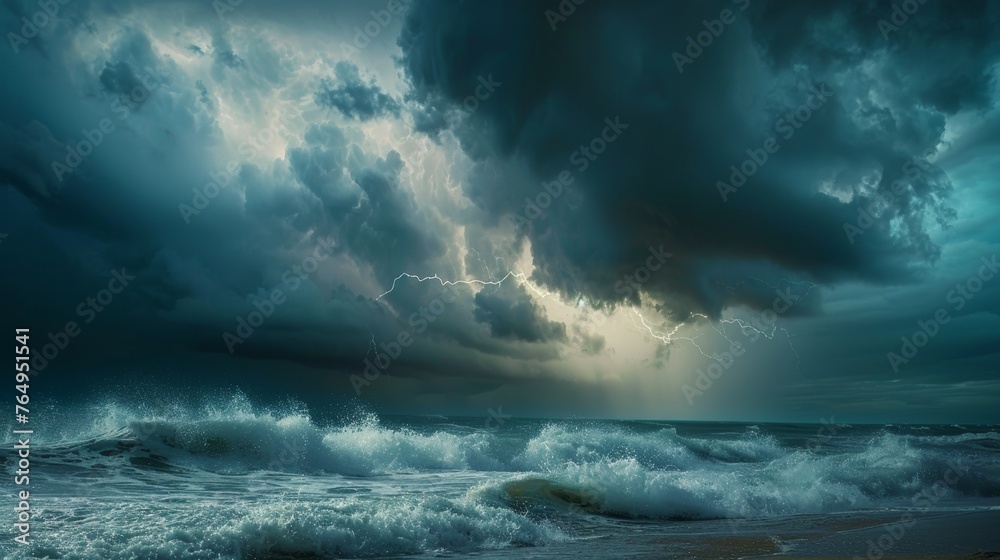 Electrifying Coastal Storm Dramatic Lightning Strikes and Turbulent Waves in a Captivating Seascape