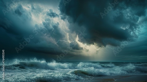 Electrifying Coastal Storm Dramatic Lightning Strikes and Turbulent Waves in a Captivating Seascape © laliz
