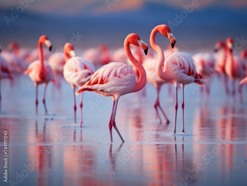 close up ultra realistic photo beautiful pink flamingos walk on the pink salt lake nature birds