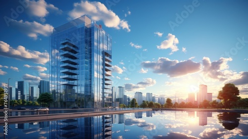 Photorealistic Tall building and behind it a beautiful and sky photo