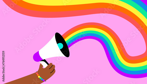 LGBT Pride Month banner. Black man's hand holding a megaphone.