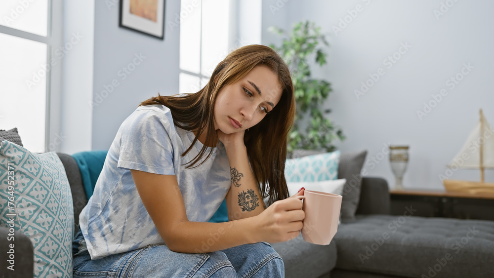 A thoughtful young woman sits on a sofa in a cozy living room, holding a mug, expressing contemplation. A thoughtful young woman sits on a sofa in a cozy living room, holding a mug, expressing contemplation.