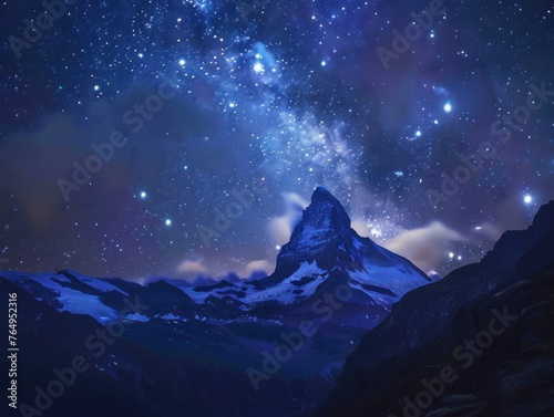 night Mountain peak and Starry sky Alignment. A rugged mountain peak stretches up into a star-filled sky, where the stars align to form constellations that echo the mountain's silhouette. blue