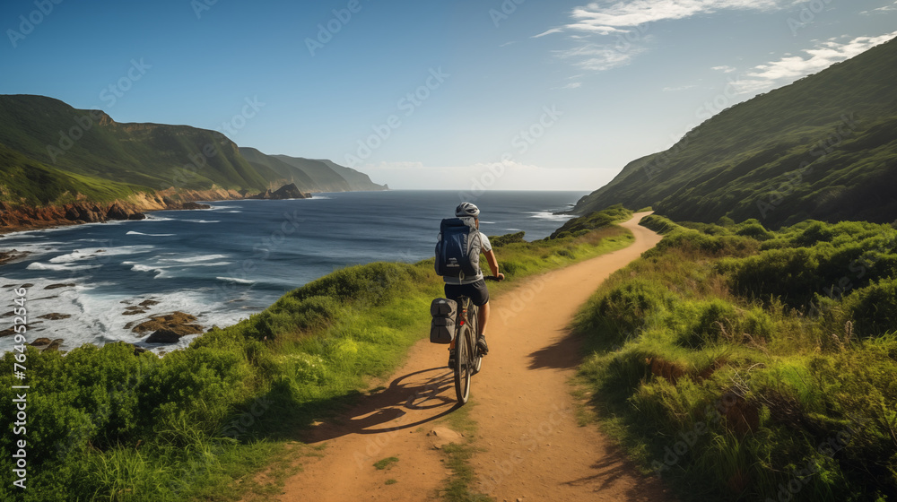 Mountain Biker on Seaside Trail with Cliff Views