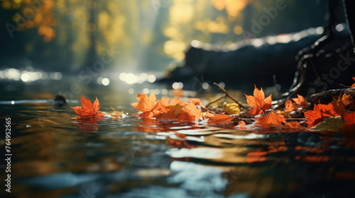 Depth of field, capturing of fallen autumn leaves in water and rainy weather.