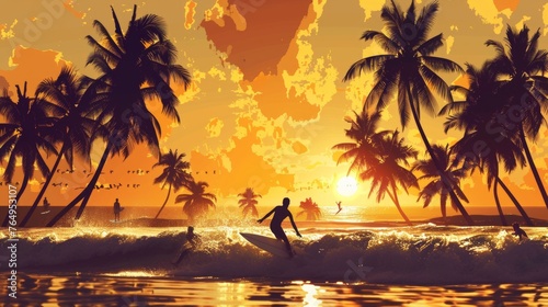 Tropical Bliss Surfers Riding Waves Against Palm Tree Silhouettes © laliz