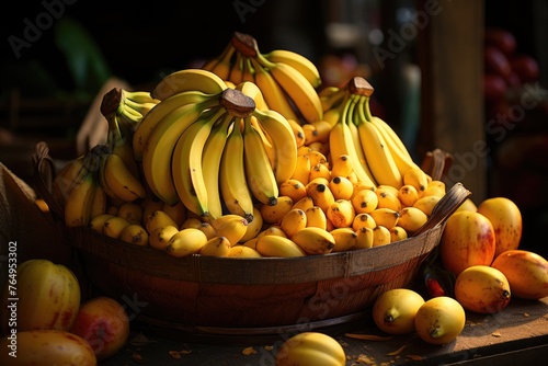 Top closes delicious bananas in brown, fruits and berries of exotic foods, generative IA