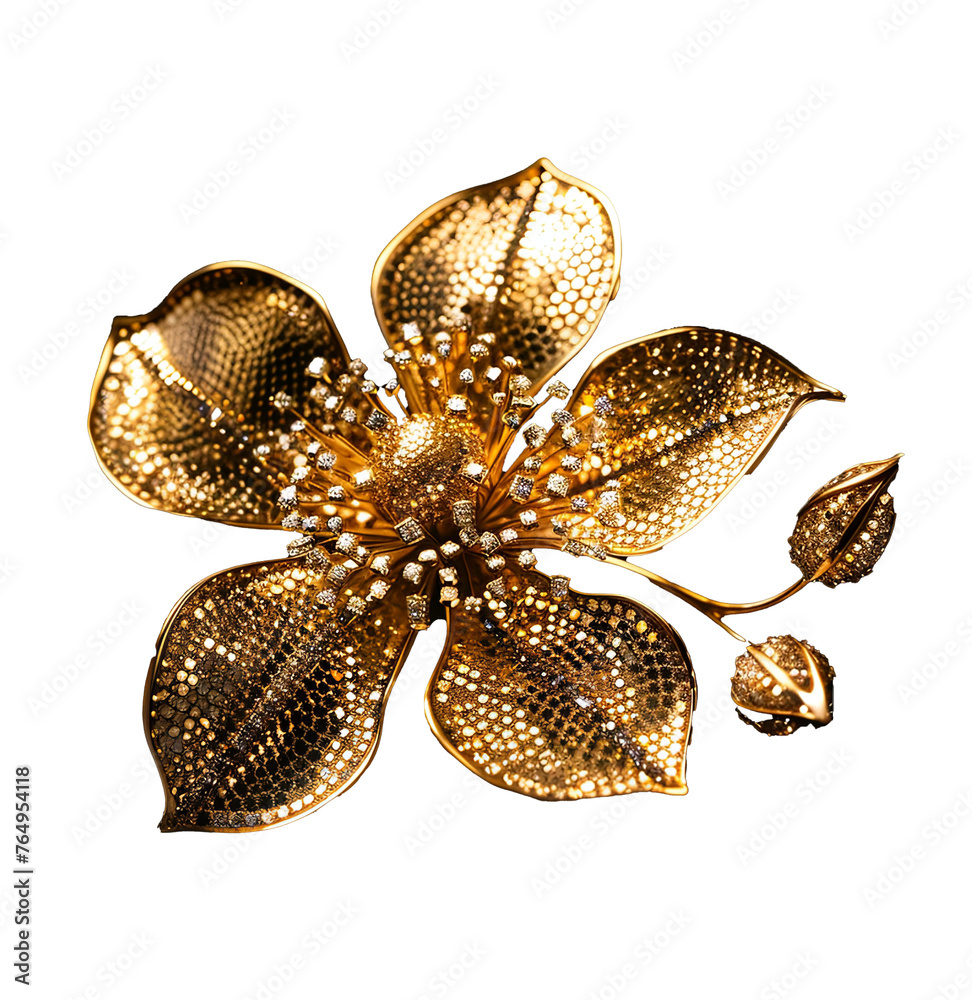 Fototapeta premium Luxurious Shiny Gold Floral Brooch with Enamel and Gemstones