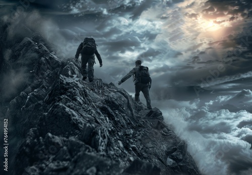 two climbers in a mountain during a storm. 
