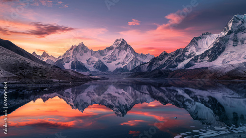 Majestic mountain range at sunset, peaks covered in snow, vibrant orange and pink sky, reflecting in a tranquil lake below, awe-inspiring and serene, realistic photography © Rassul