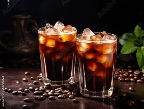 banner two cold coffees in a beautiful transparent glass with coffee beans next to four pieces of ice dark brown background