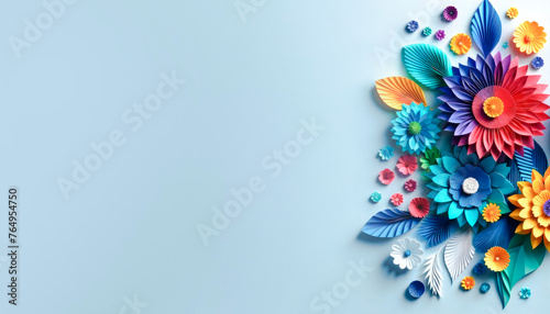 Exquisite paper flora in various hues adorning a light blue background. Decorative art concept. Generative AI © Who is Danny
