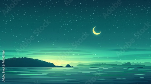 illustration of a landscape with moon above the sea. 