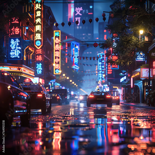Nighttime city street illuminated with neon lights
