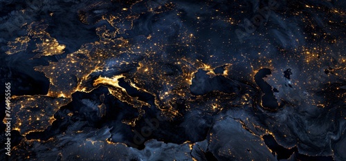 world map with lights in the metropolitan areas. 
