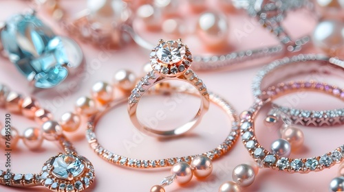 Diamond rings and necklace with jewels, high angle view