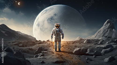 space exploration concept, man in spacesuit walking on the moon with spacecraft behind him, © neirfy