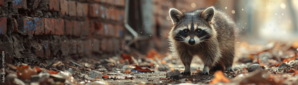 Raccoon, Masked bandit, Foraging through a littered alley, Post-rainy day, Photography, Backlights, Vignette